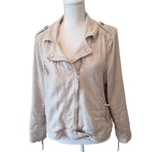 Ann Taylor LOFT Womens XL Linen Blend Moto Jacket Oatmeal Beige Asymmetrical Zip